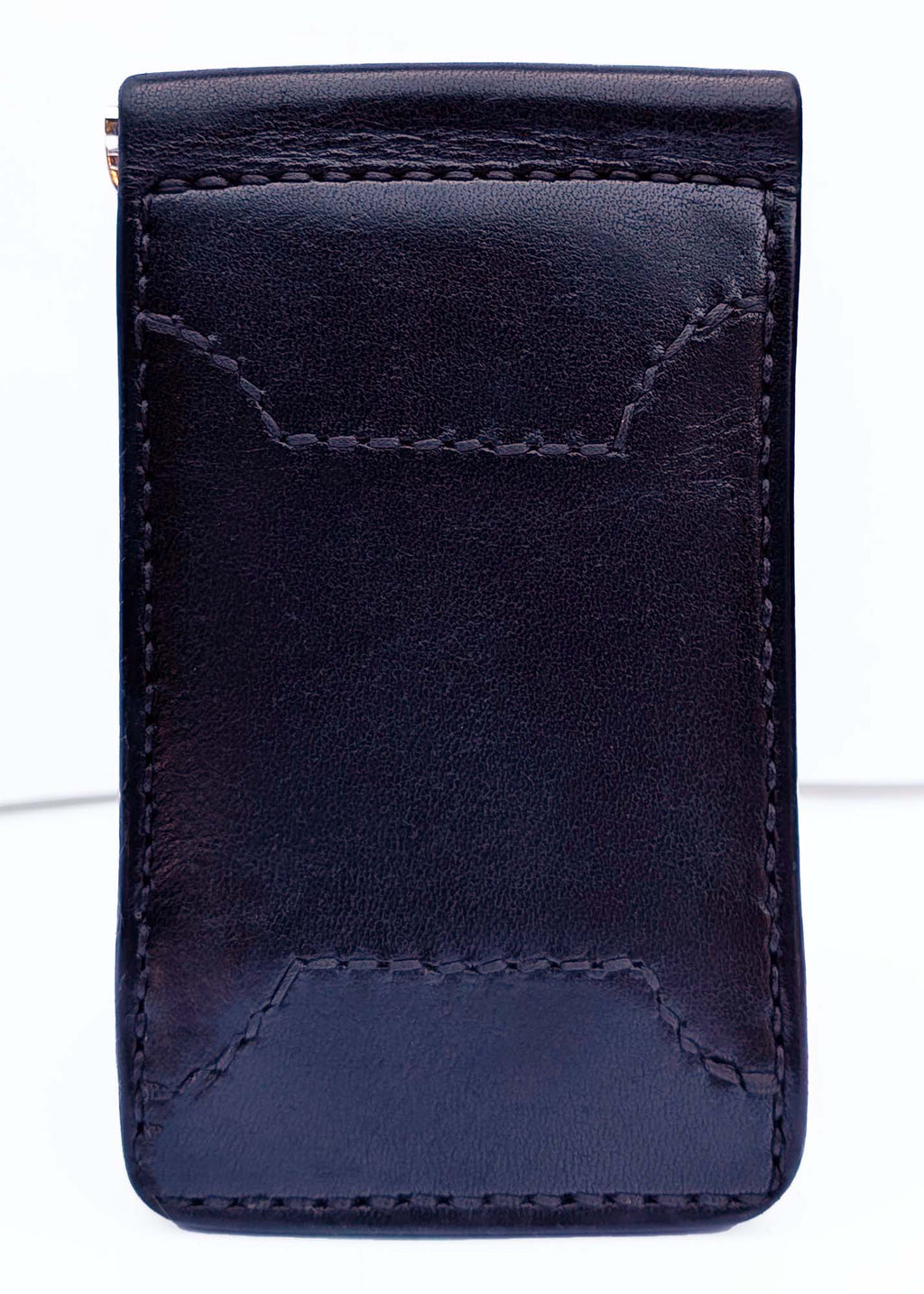 A black leather card holder money clip wallet with visible stitching details, shown against a plain white background.