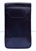 A black leather card holder money clip wallet with visible stitching details, shown against a plain white background.
