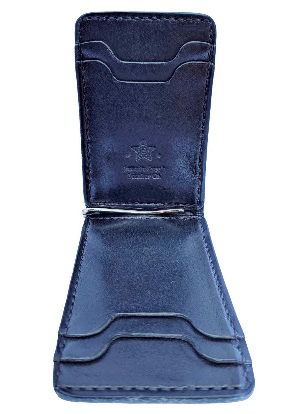 A black leather money clip wallet shown open against a plain white background, featuring card slots on the inside and an embossed logo.